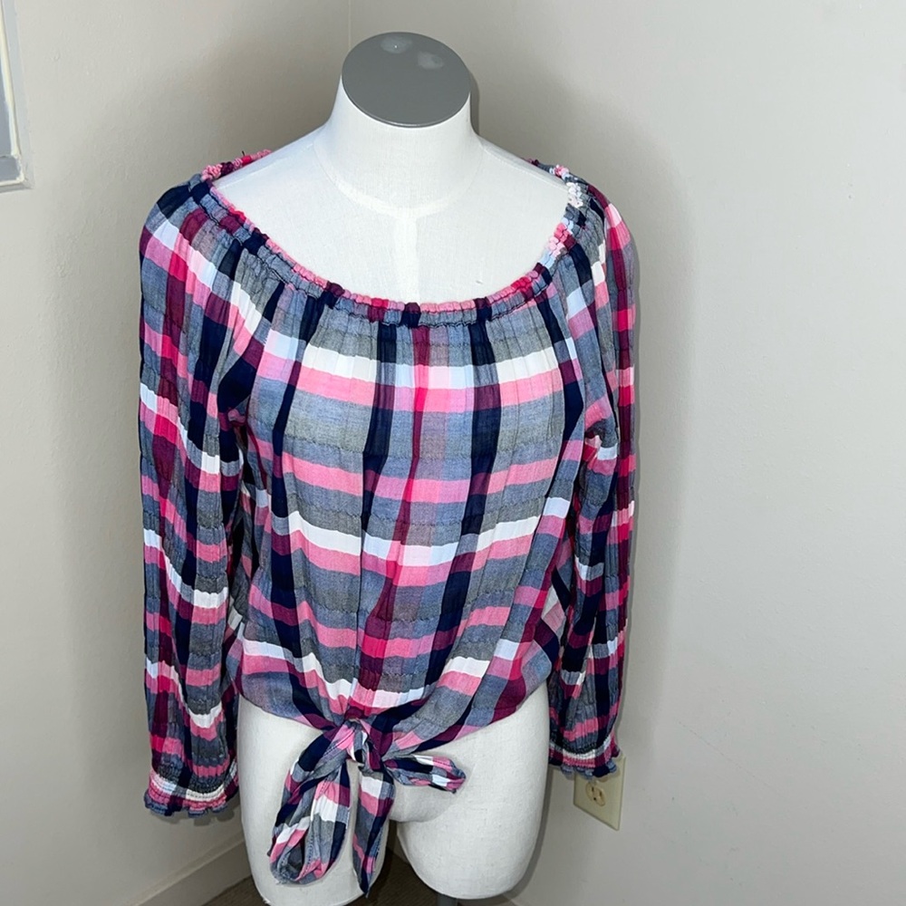 EUC Plaid Sanctuary on or off shoulder top XS tie front